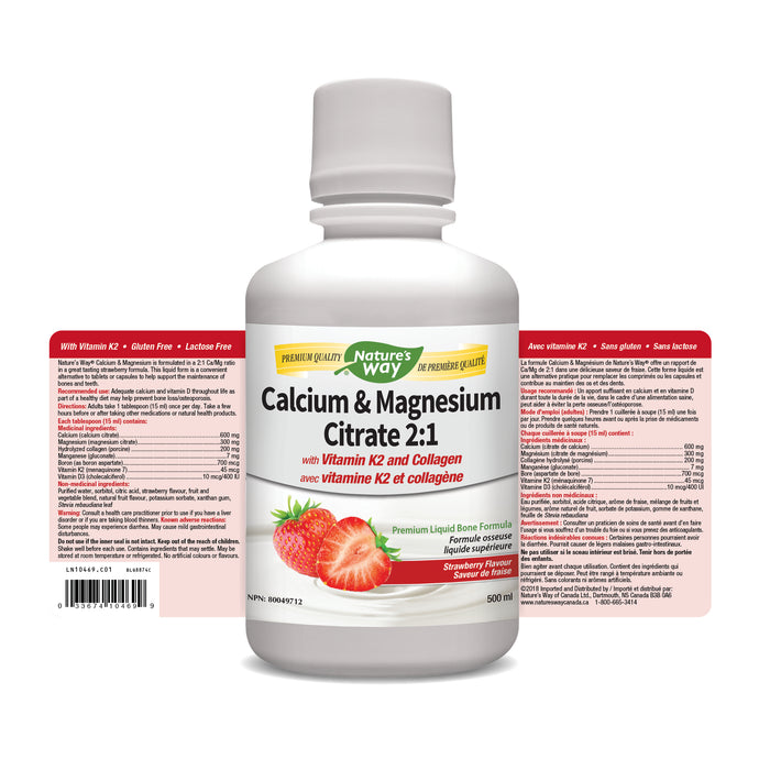 Nature's Way Calcium & Magnesium Citrate 2:1 with Vitamin K2 & Collagen - Strawberry 500ml
