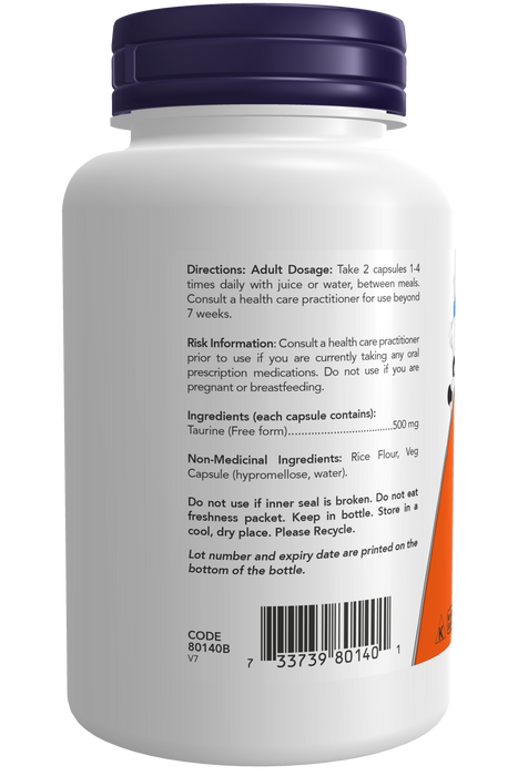 NOW Supplements Taurine 500mg 100 Capsules