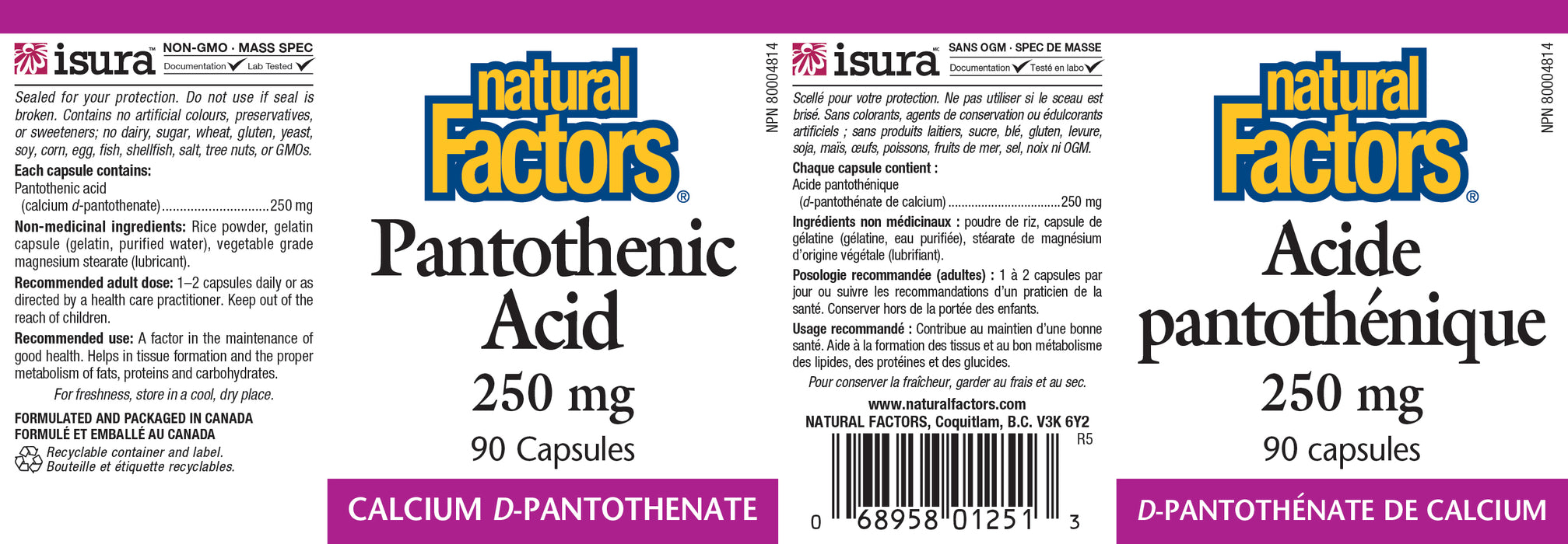 Natural Factors Pantothenic Acid 250mg 90 Veg Capsules