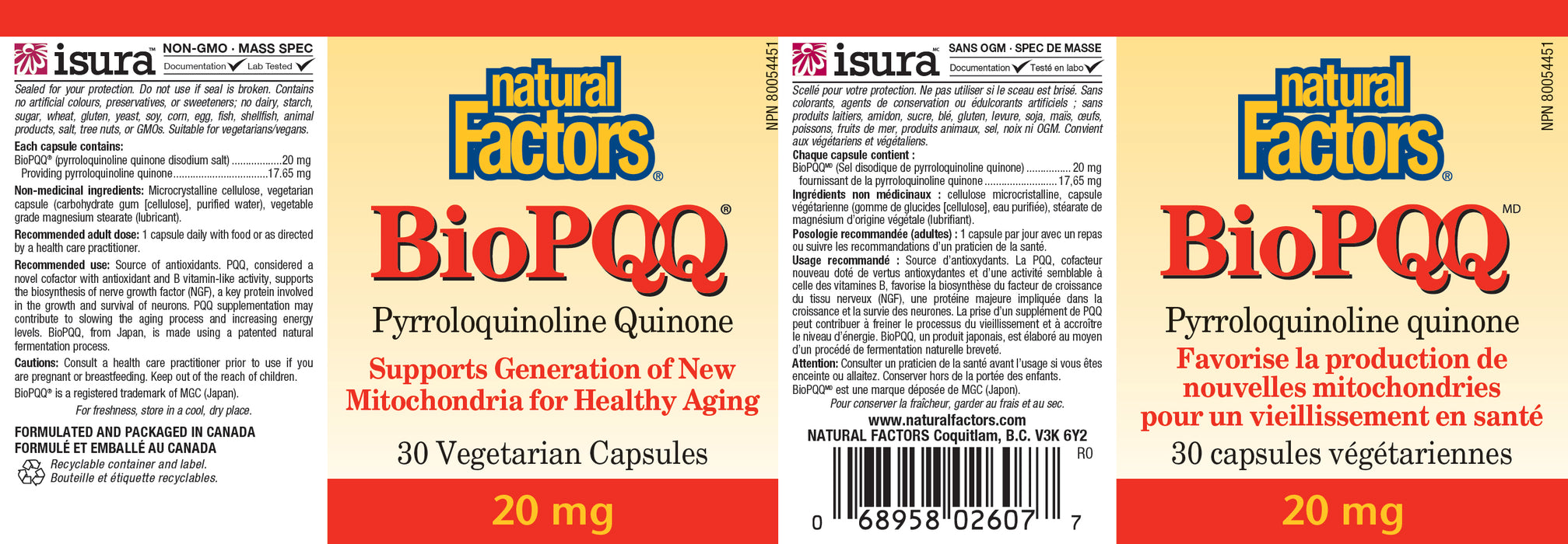 Natural Factors BioPQQ Pyrroloquinoline Quinone 20 mg 30 Vegetarian Capsules