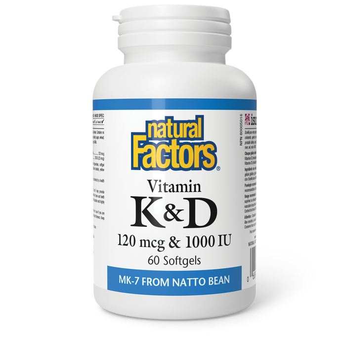 Natural Factors Vitamin K + D - 120mcg/1000iu - MK7 from Natto Bean 60 Gelatin Softgels