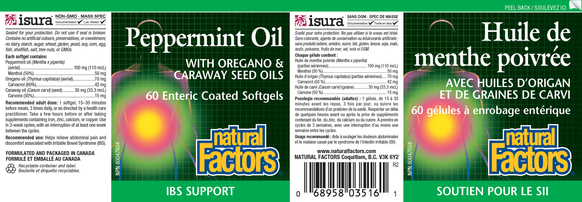 Natural Factors Peppermint Oil with Oregano & Caraway Seed Oils 60 Enteric Coated Softgels