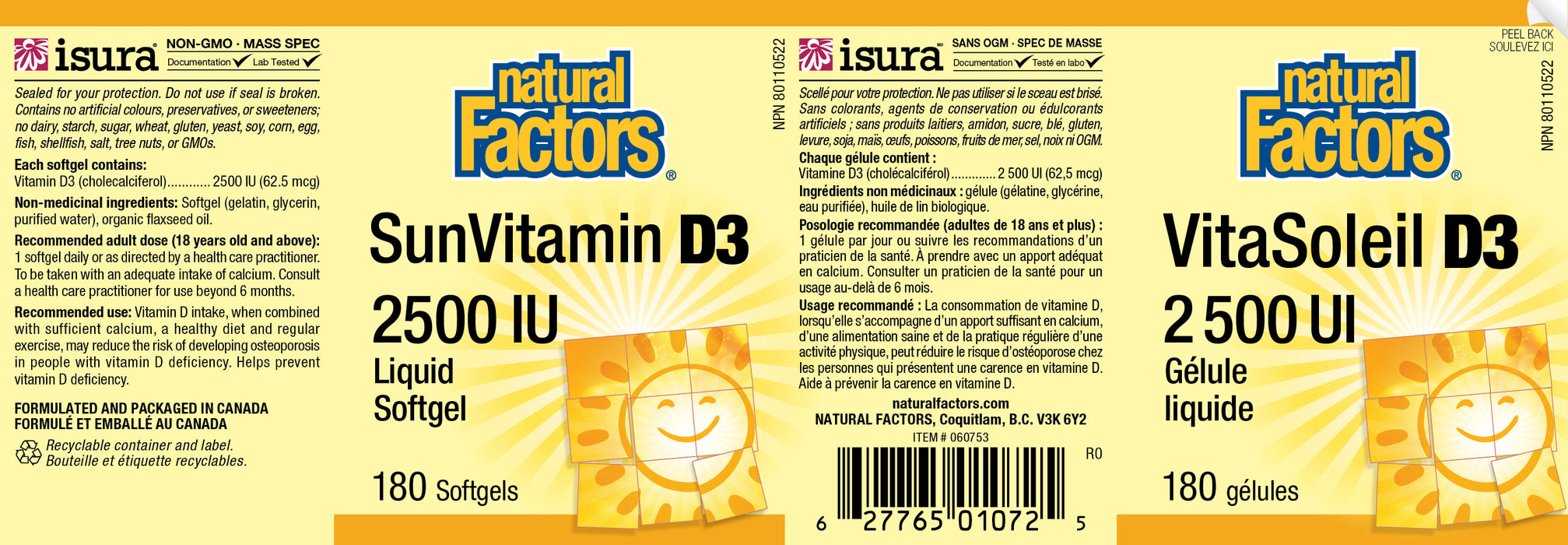 Natural Factors SunVitamin D3 - 2500iu 180 Gelatin Softgels
