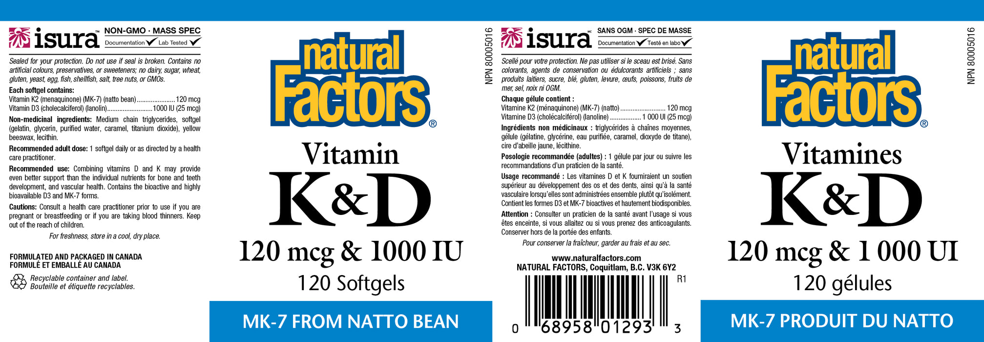 Natural Factors Vitamin K + D - 120mcg/1000iu - MK7 from Natto Bean 120 Gelatin Softgels