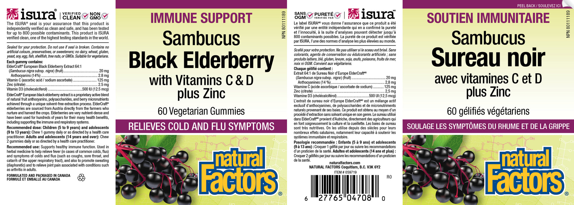 Natural Factors Sambucus Black Elderberry with Vitamins C & D plus Zinc 
60 Vegetarian Gummies