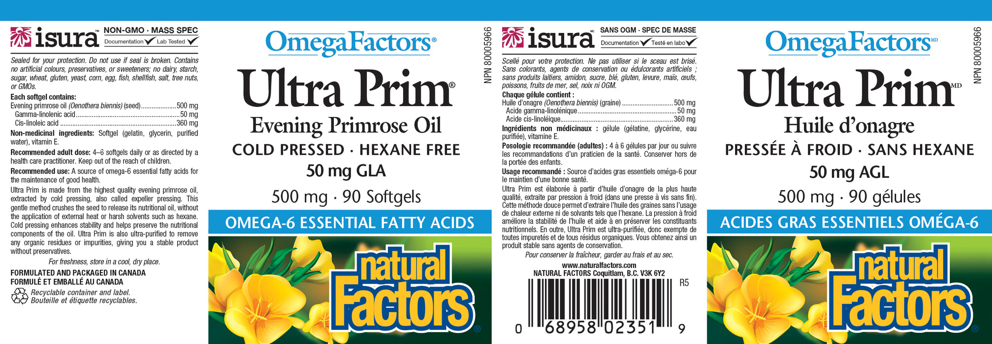 Natural Factors OmegaFactors Ultra Prim Evening Primrose Oil 500mg 90 Softgels