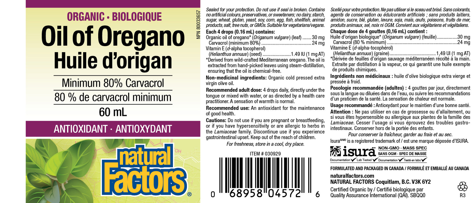 Natural Factors Organic Oil of Oregano 60mL