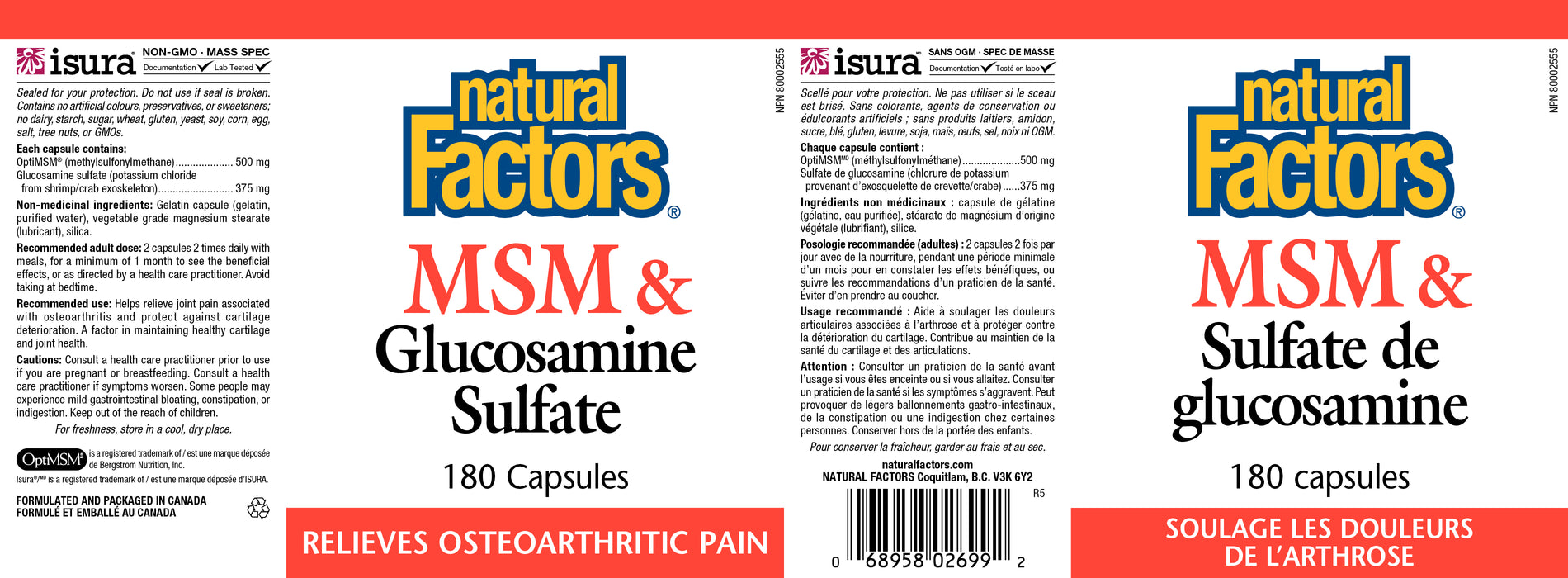 Natural Factors MSM & Glucosamine Sulfate 180 Veg Capsules