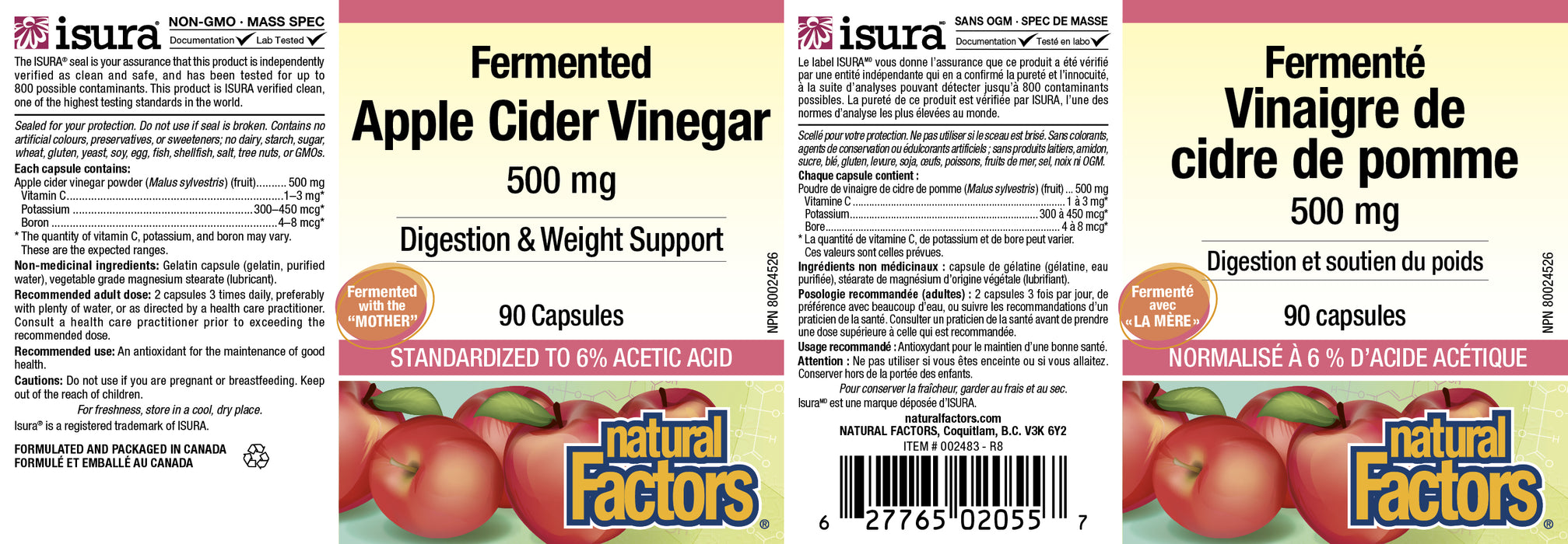 Natural Factors Fermented Apple Cider Vinegar 500 mg 90 Capsules