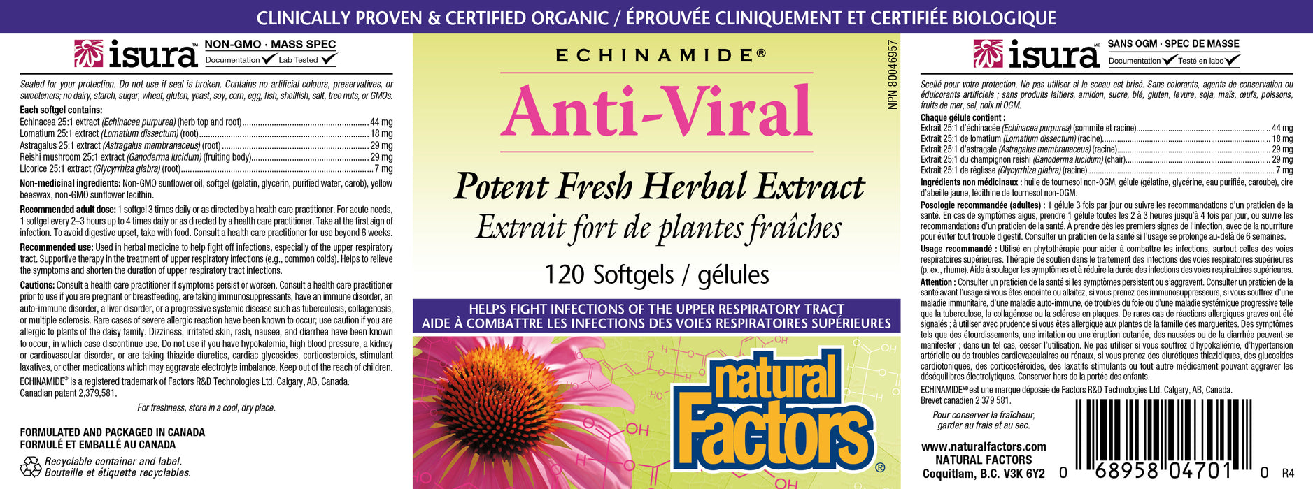 Natural Factors Echinamide Anti-Viral Potent Fresh Herbal Extract 120 Gelatin Softgels