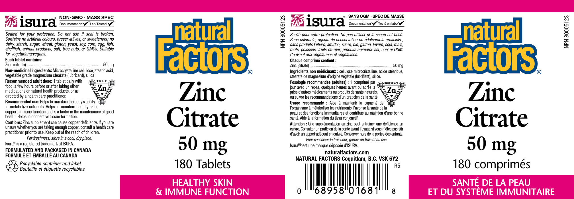 Natural Factors Zinc Citrate - 50mg 180 Tablets