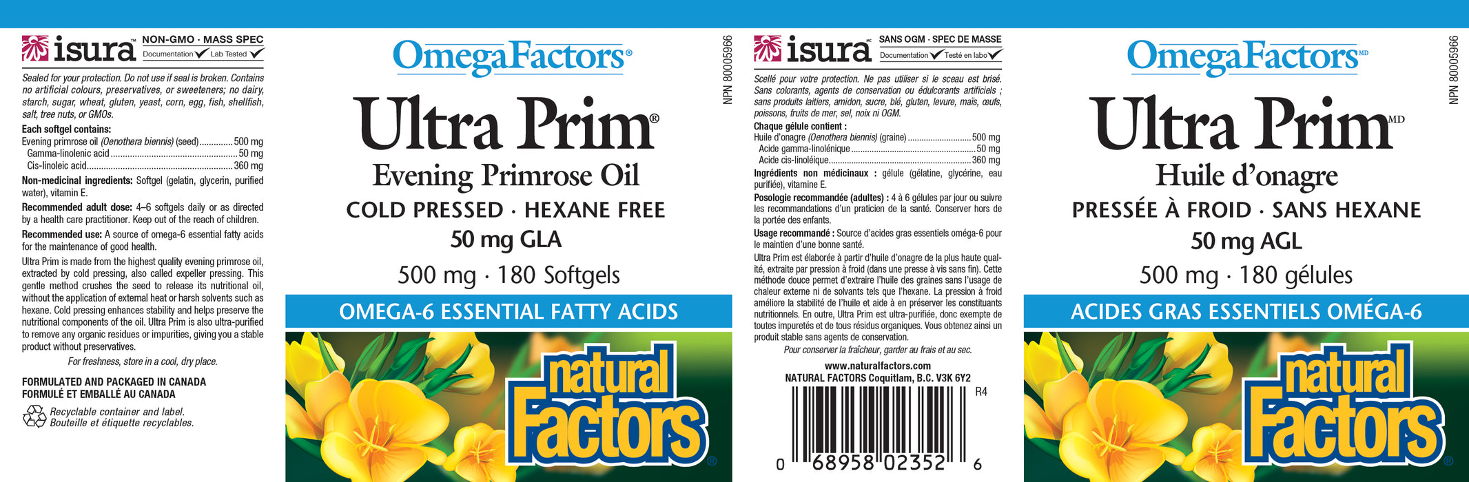 Natural Factors OmegaFactors Ultra Prim Evening Primrose Oil 500mg 180 Softgels