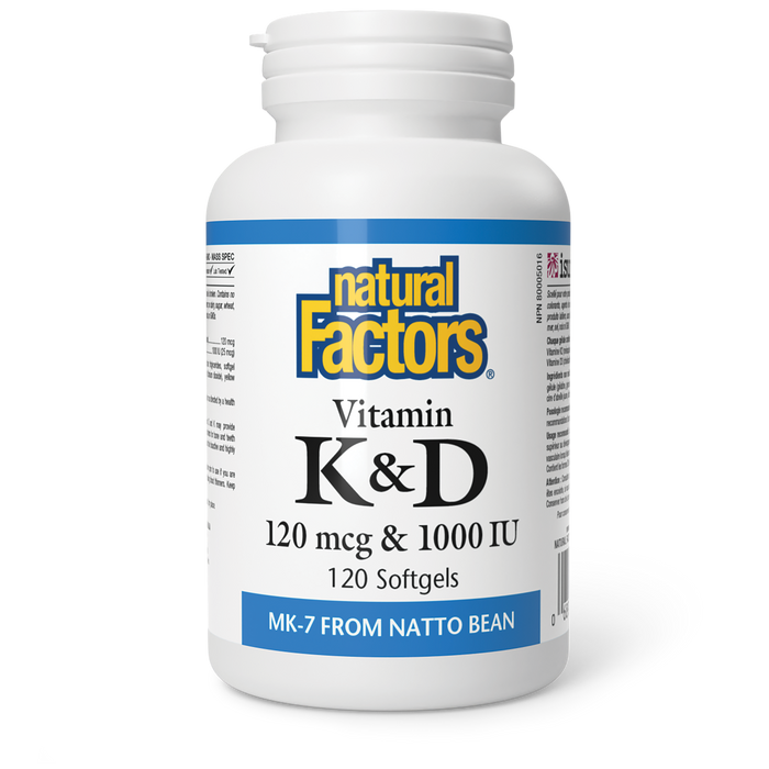 Natural Factors Vitamin K + D - 120mcg/1000iu - MK7 from Natto Bean 120 Gelatin Softgels