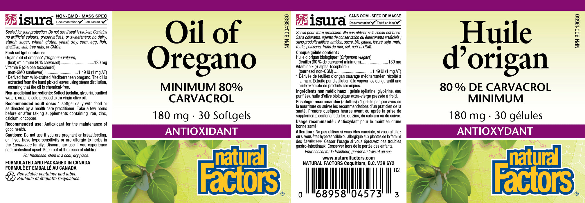 Natural Factors Oil of Oregano 180mg 30 Gelatin Softgels