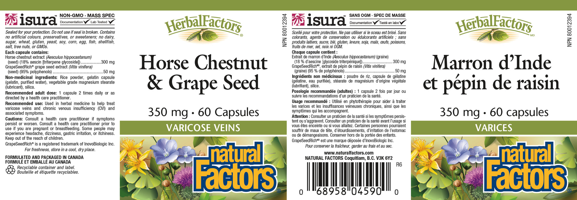 Natural Factors Herbal Factors Horse Chestnut & Grape Seed 350mg 60 Gelatin Capsules
