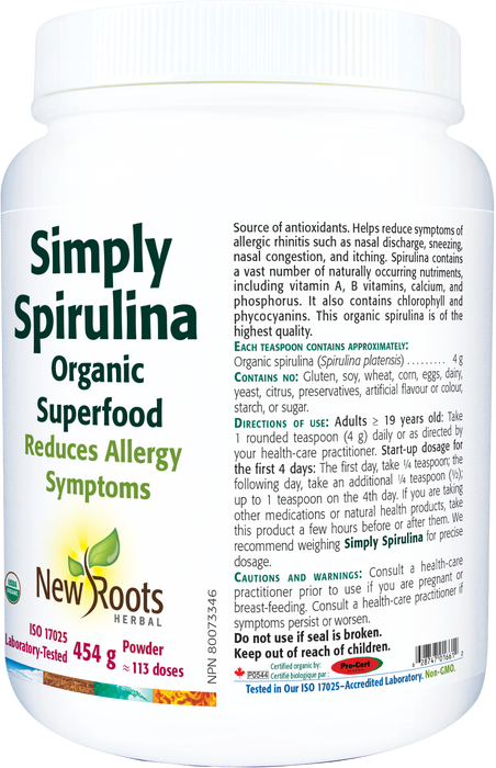 New Roots Simply Spirulina - Organic Superfood 454g